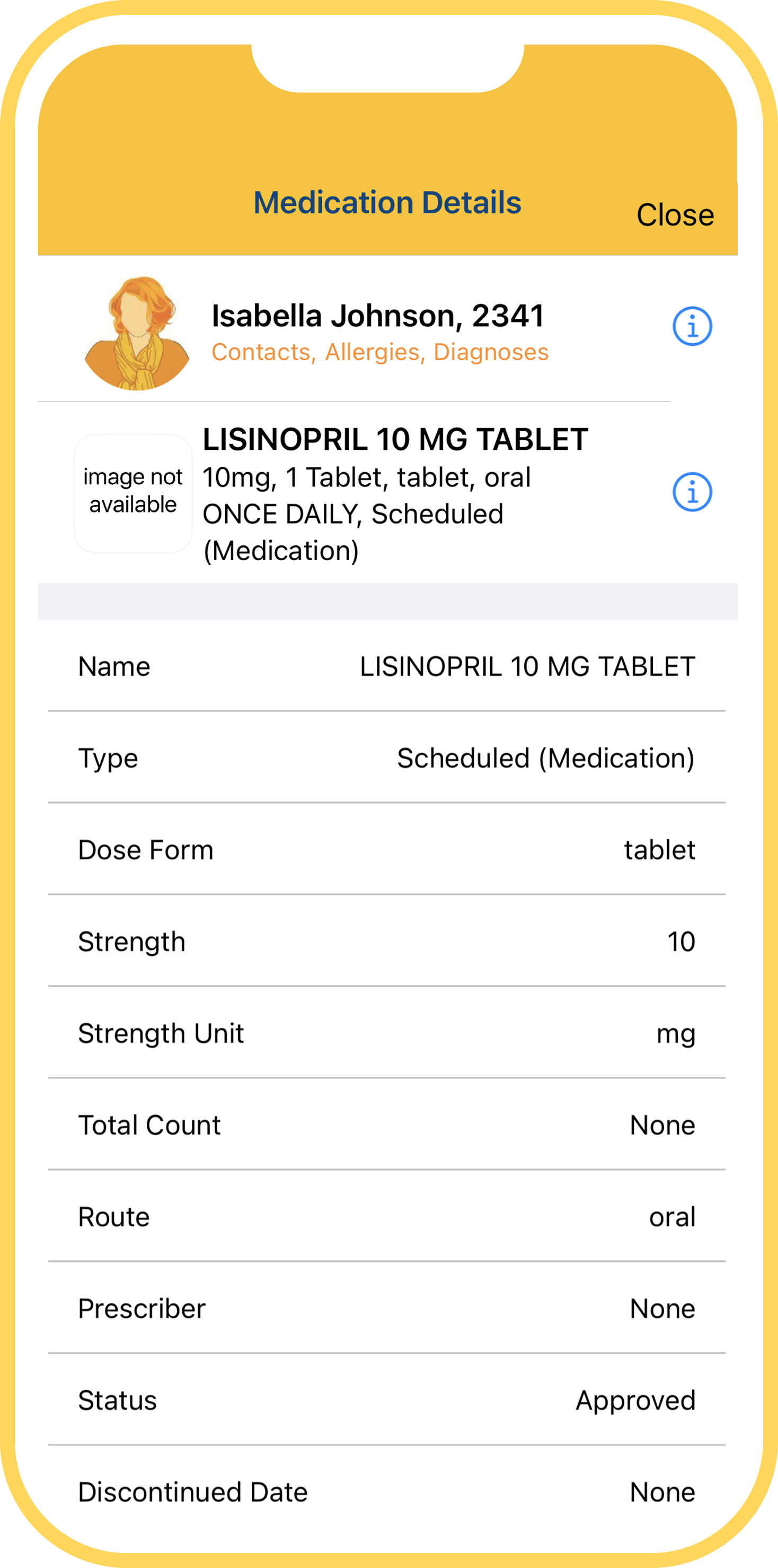 A screenshot of Therap MAR mobile app featuring the medication details screen