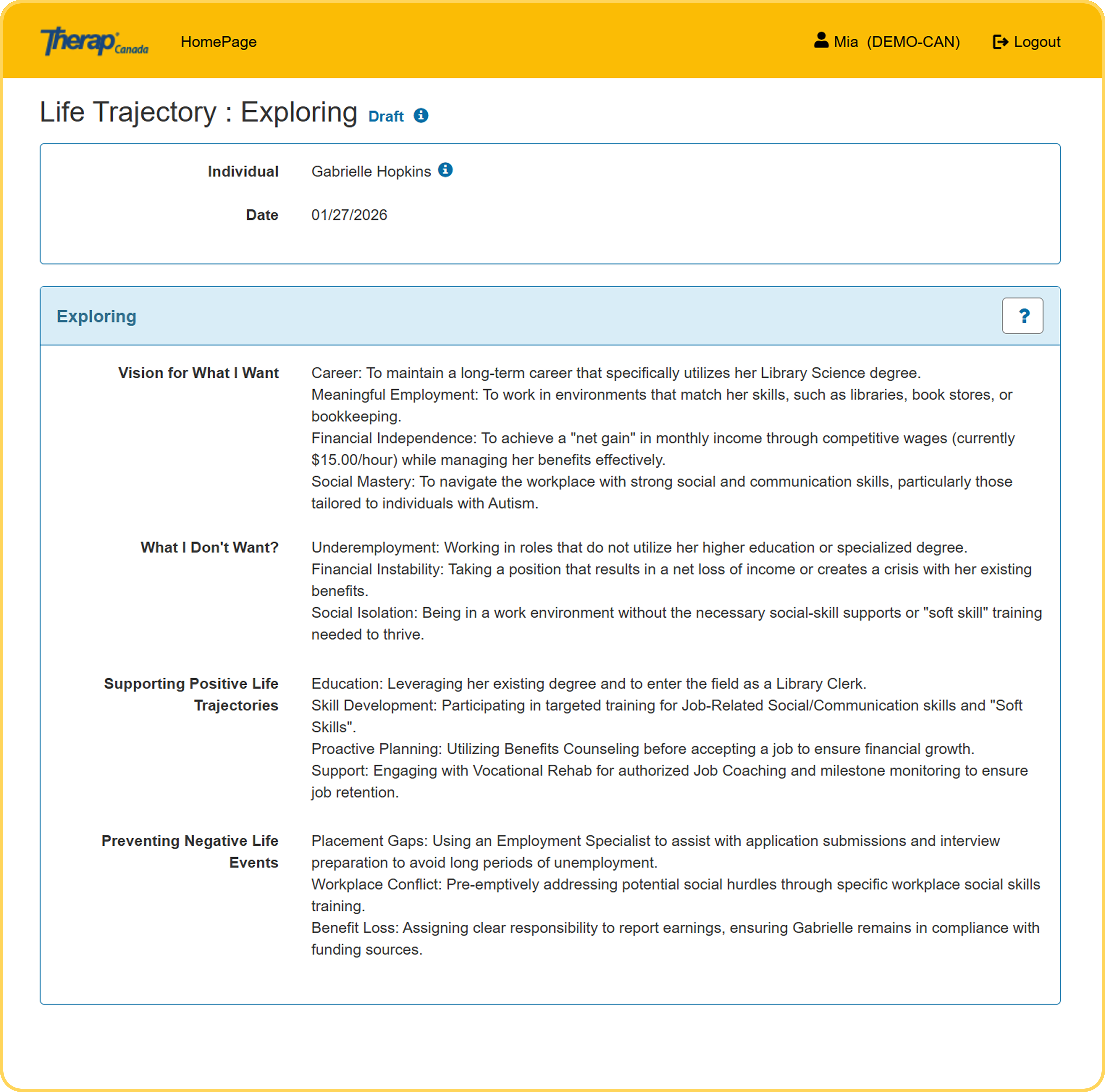 Screenshot of the Person-Centered Planning Life Trajectory feature