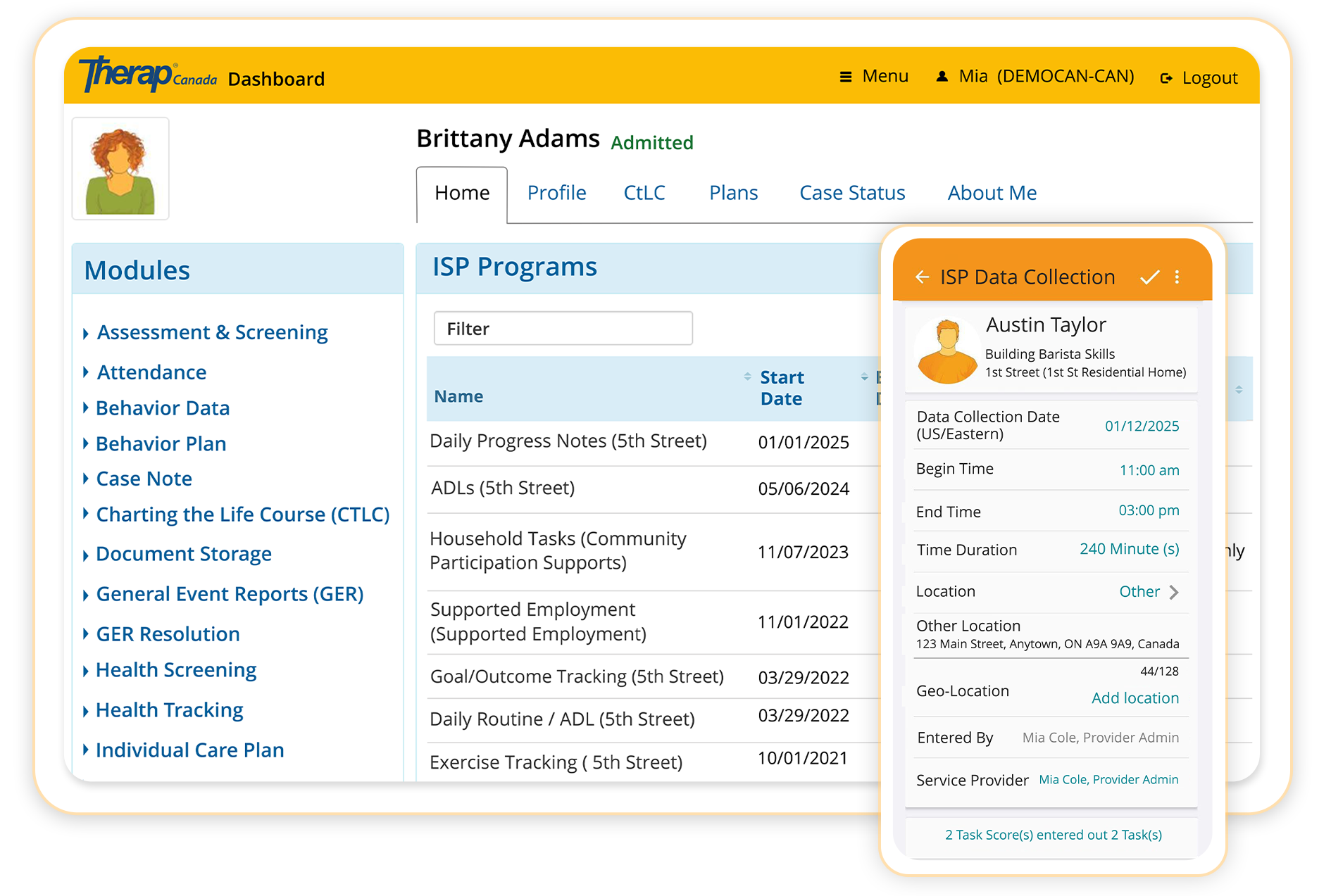 Therap App showing Therap's Comprehensive Electronic Health Records for Service Providers Screen
